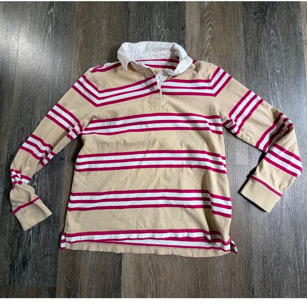 Unbranded Rugby Polo Shirt Womens Medium Tan Pink Striped Long Sleeve Cotton